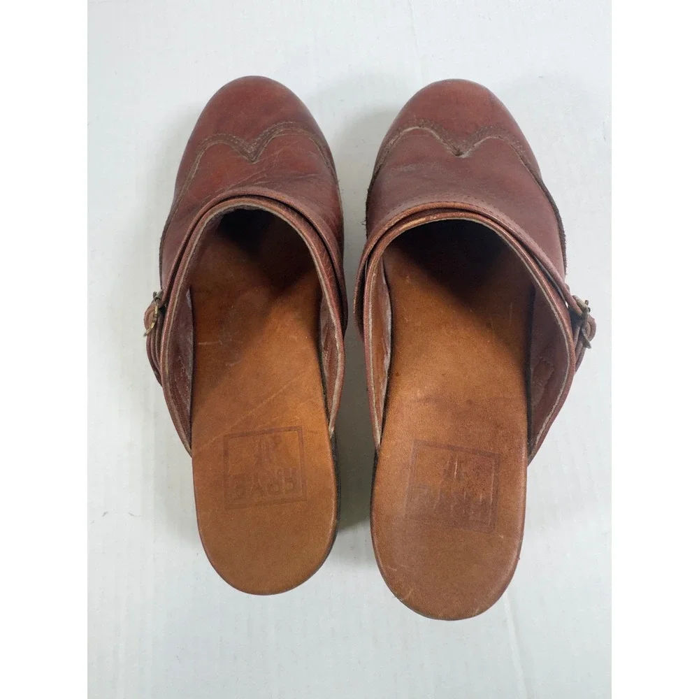 Frye Leather Wooden Platform Clogs Women 6 B Cognac Brown Wingtip Mules Retro - Picture 8 of 9